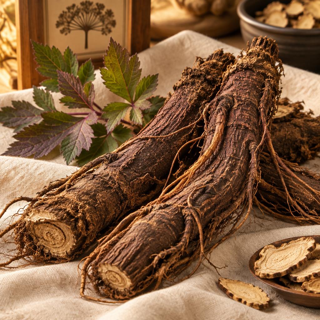 Akar Angelica gigas cokelat kemerahan kering di atas kain linen
