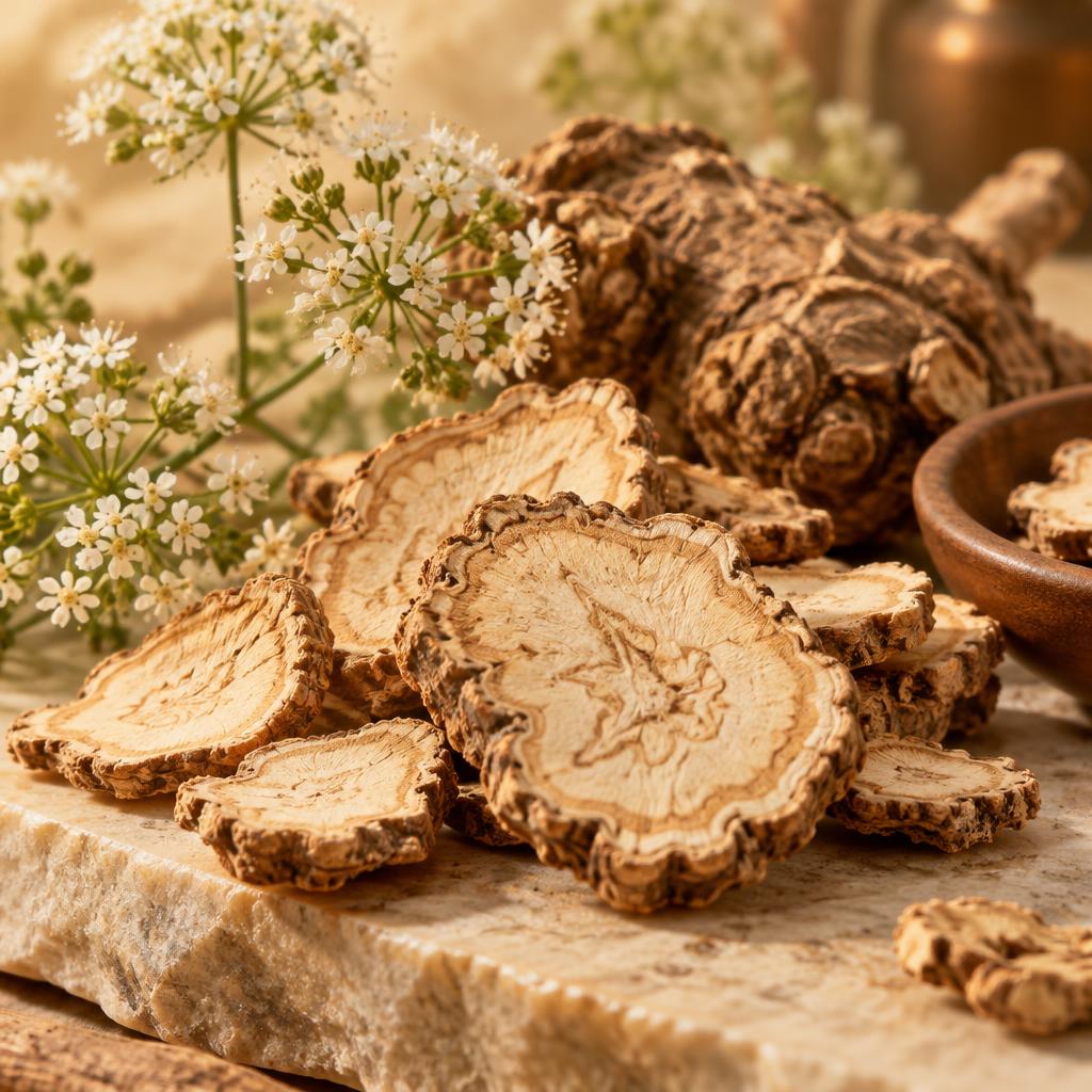Irisan rimpang Cnidium officinale dengan bunga putih kecil