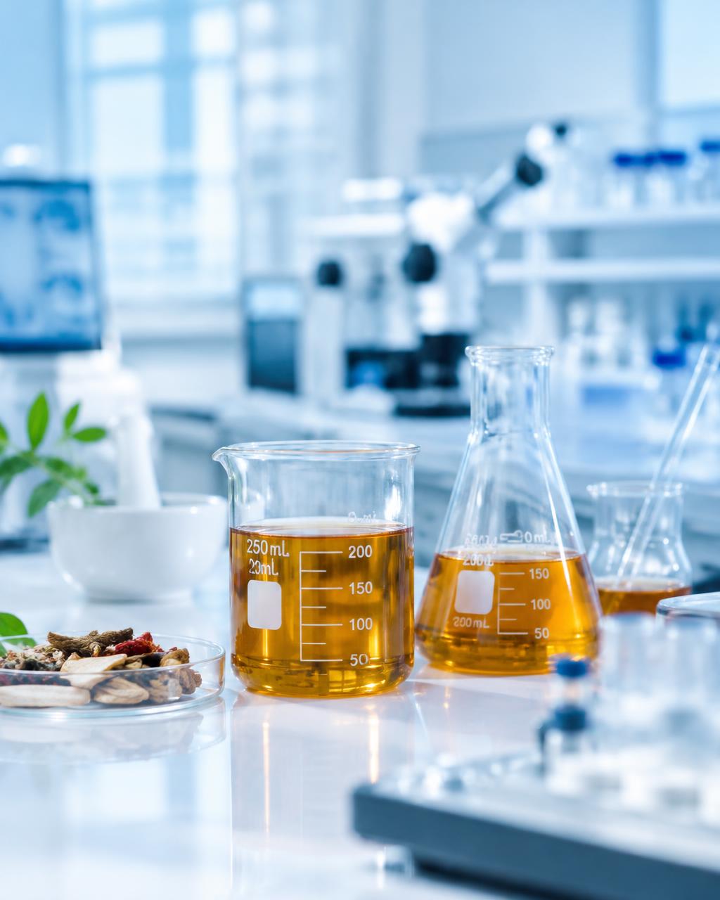 Laboratorium riset modern dengan ekstrak herbal dalam gelas ukur